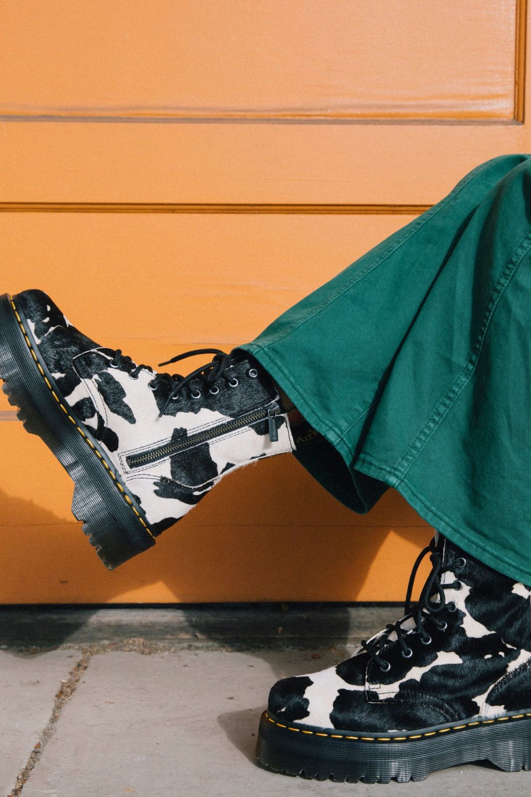 Statement Footwear: Cow Print Jadon Boots with Green Trousers Statement Footwear: Cow Print Jadon Boots with Green Trousers — Jadon Boots Outfits