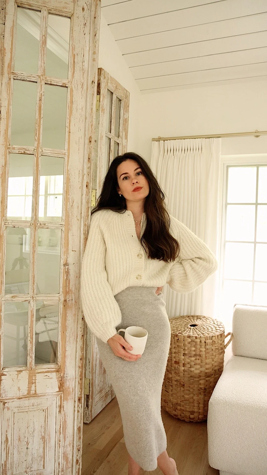 Grey Knit Midi Skirt with Chunky Cardigan for Loungewear — Skirt Outfits