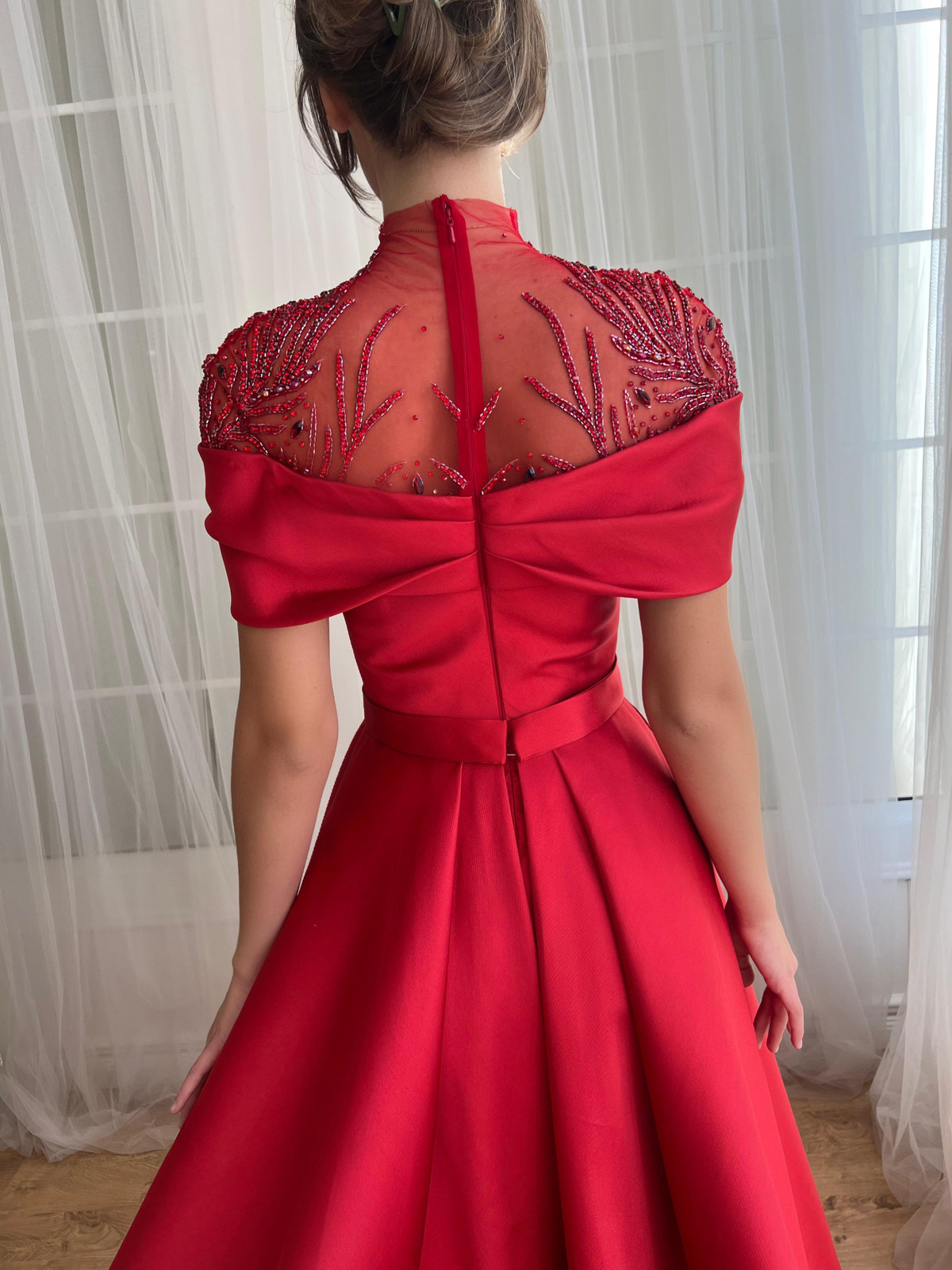 Red Satin Gown with Beaded Illusion Back and Shoulders — Gala Dresses
