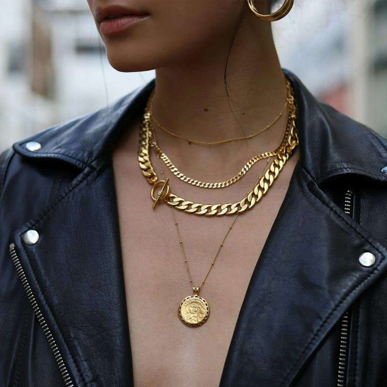 Chunky Curb Chain with Coin Pendant and Leather Jacket Chunky Curb Chain with Coin Pendant and Leather Jacket — Chunky Jewelry