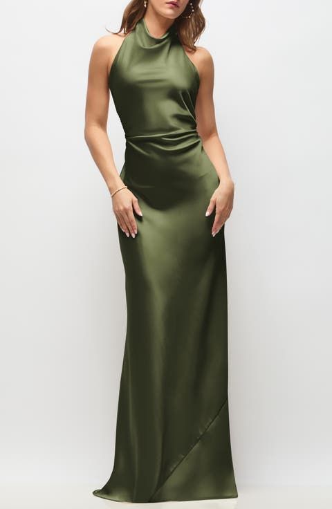 Olive Green Satin Halter Dress with Asymmetrical Hem — Halter Dresses