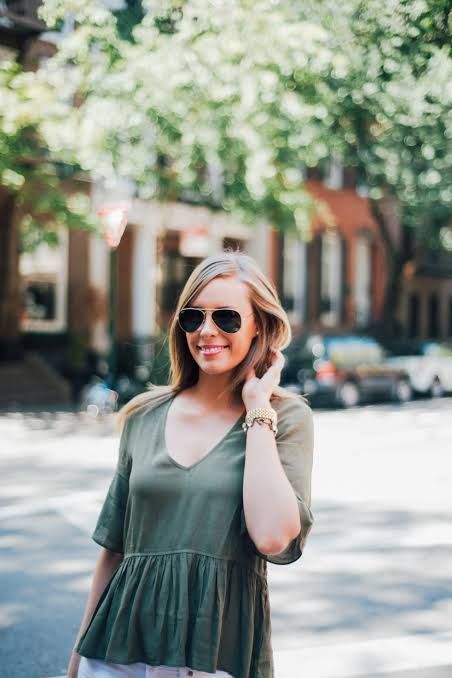 Olive Green Peplum Top with White Shorts for Daywear — Peplum Top Outfits