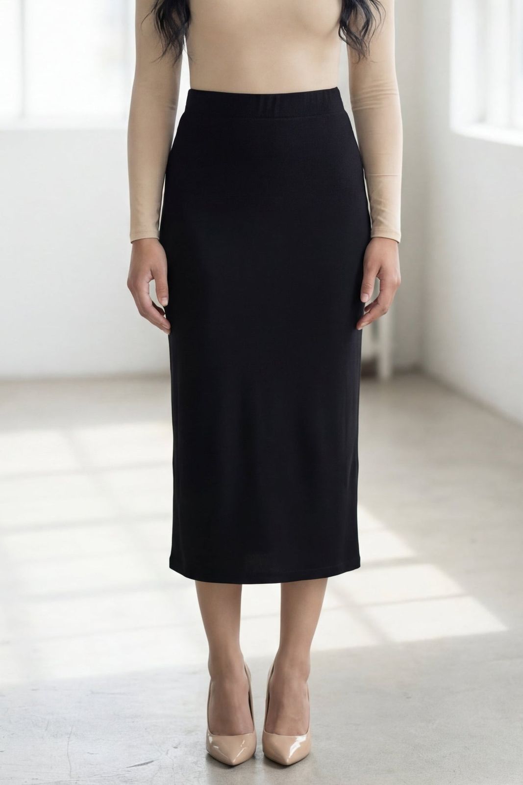 Black Ribbed Knit Pencil Skirt with Long-Sleeve Top — Pencil Skirt Outfits