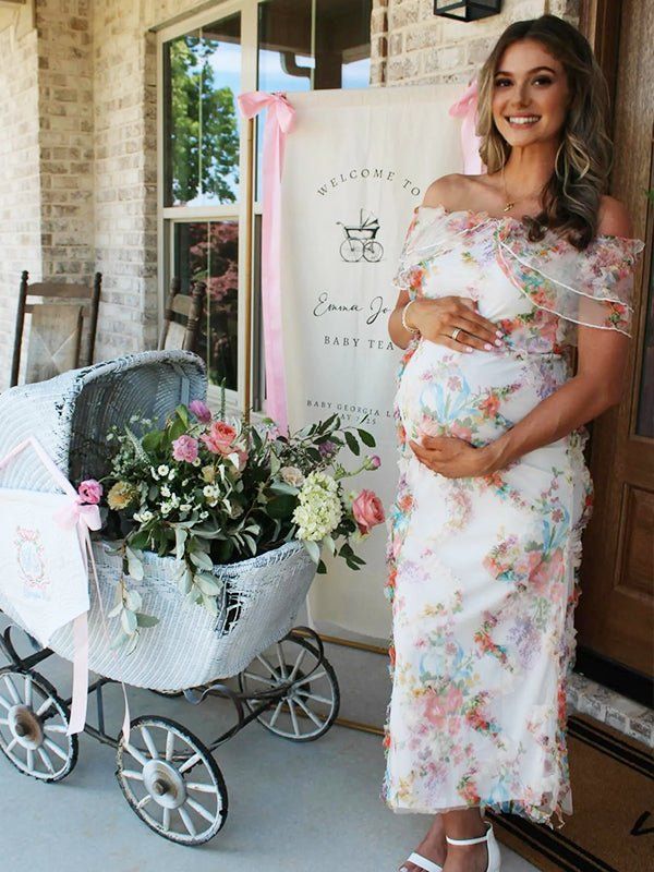 White Floral Print Maxi Dress with Sheer Overlay for an Ethereal Baby Shower White Floral Print Maxi Dress with Sheer Overlay for an Ethereal Baby Shower — Baby Shower Dresses