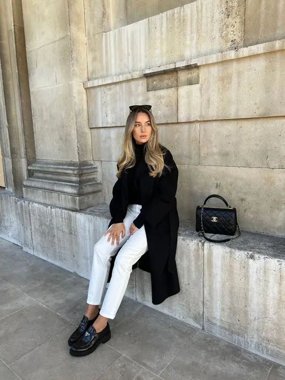 Chic Everyday Chunky Loafers with Straight-Leg Trousers and Oversized Coat — Penny Loafers Outfits