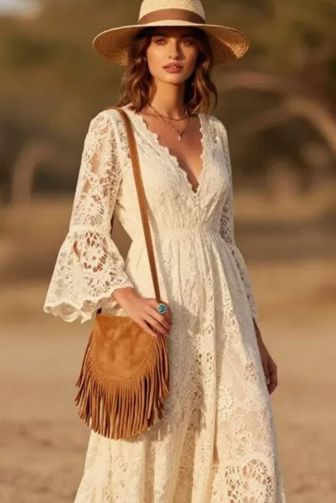 Lace Dress with Suede Fringe Bag and Straw Hat — Ranch Outfits