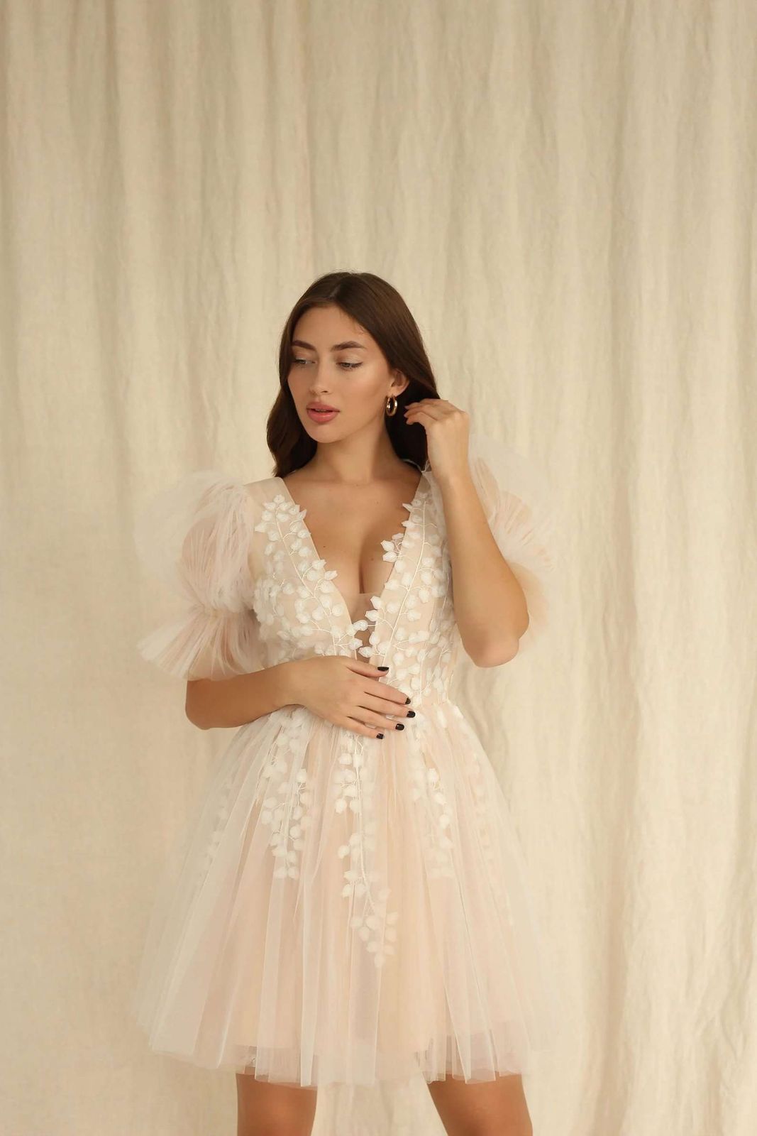 Pale Pink Deep V-Neck Dress with Voluminous Tulle Sleeves Pale Pink Deep V-Neck Dress with Voluminous Tulle Sleeves — Bridal Shower Dresses