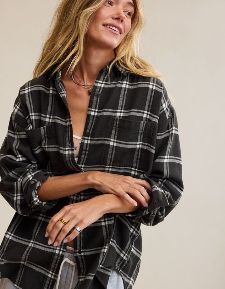 Black and White Plaid Flannel Shirt Over Bra Top and Sweatpants — Oversized Shirts