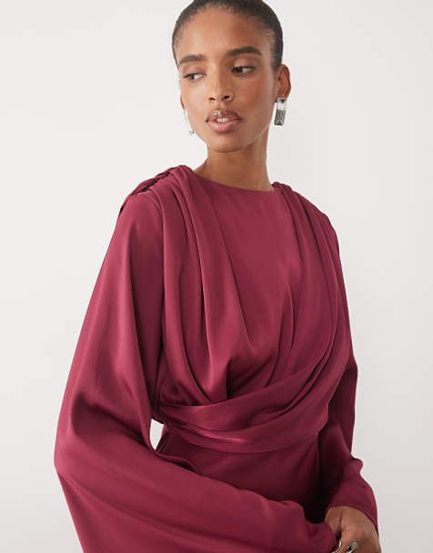 Burgundy Satin Draped Dress: Proportional Drama Burgundy Satin Draped Dress: Proportional Drama — Dresses for Tall Women