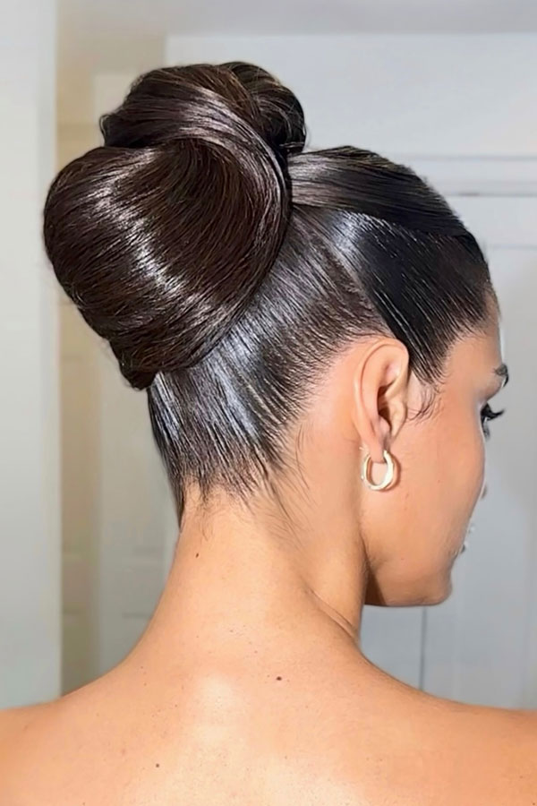 Meticulously Sleek High Dark Brown Bun Meticulously Sleek High Dark Brown Bun — Updos for Long Hair