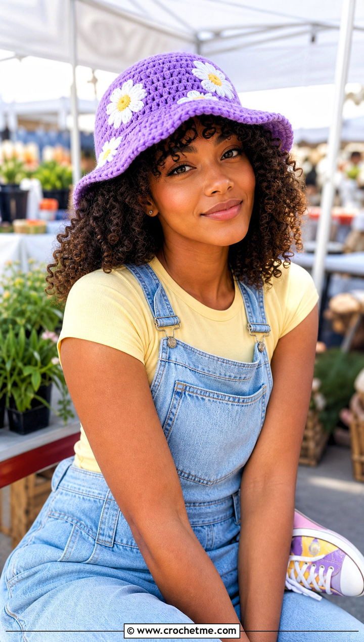 Mid-Back Curly Hair with Curtain Bangs and Purple Hat Mid-Back Curly Hair with Curtain Bangs and Purple Hat — Bucket Hat Hairstyles