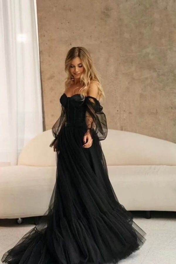 Elegant Black Off-the-Shoulder Tulle Dress with Sheer Sleeves — Tulle Dresses
