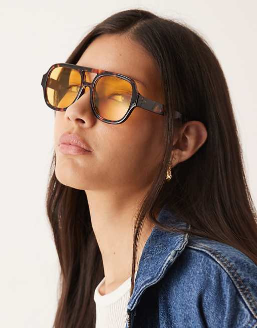 Denim Jacket and Tortoiseshell Aviators with Yellow Lenses — Aviator Sunglasses Women
