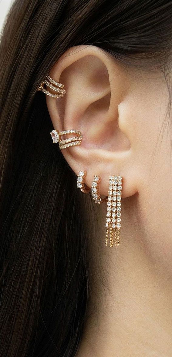Glamorous Gold Curation with Cascading Fringe Earrings Glamorous Gold Curation with Cascading Fringe Earrings — Ear Piercing Ideas