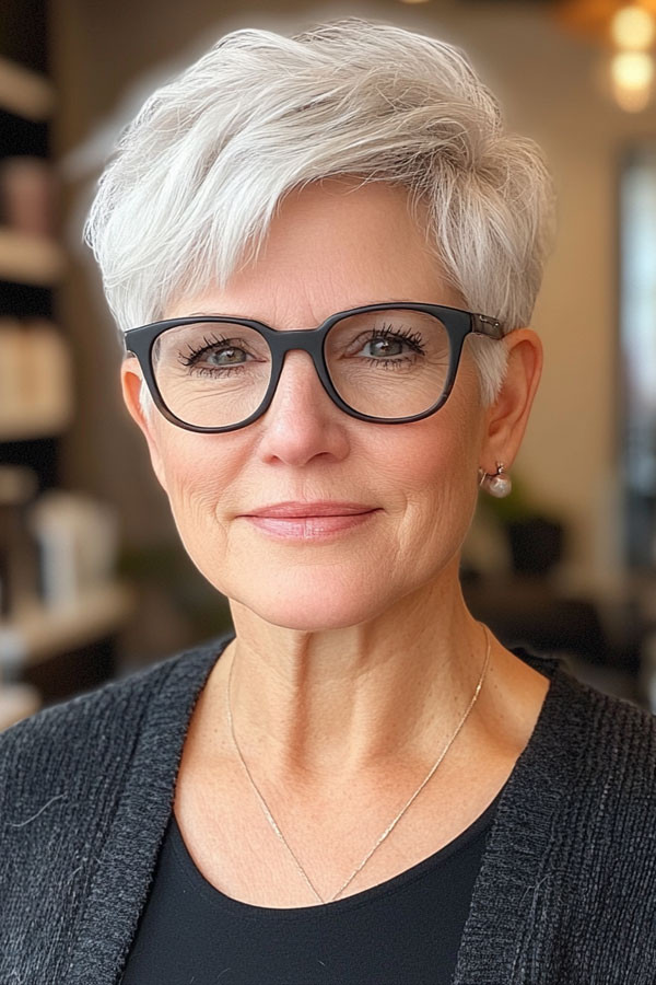 Silver Pixie Swept Back From Forehead Silver Pixie Swept Back From Forehead — Pixie with Glasses