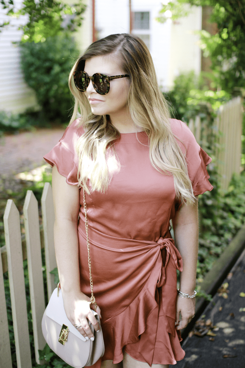 Feminine Rose Gold Satin Wrap Dress with Ruffles — Wrap Dress Outfits