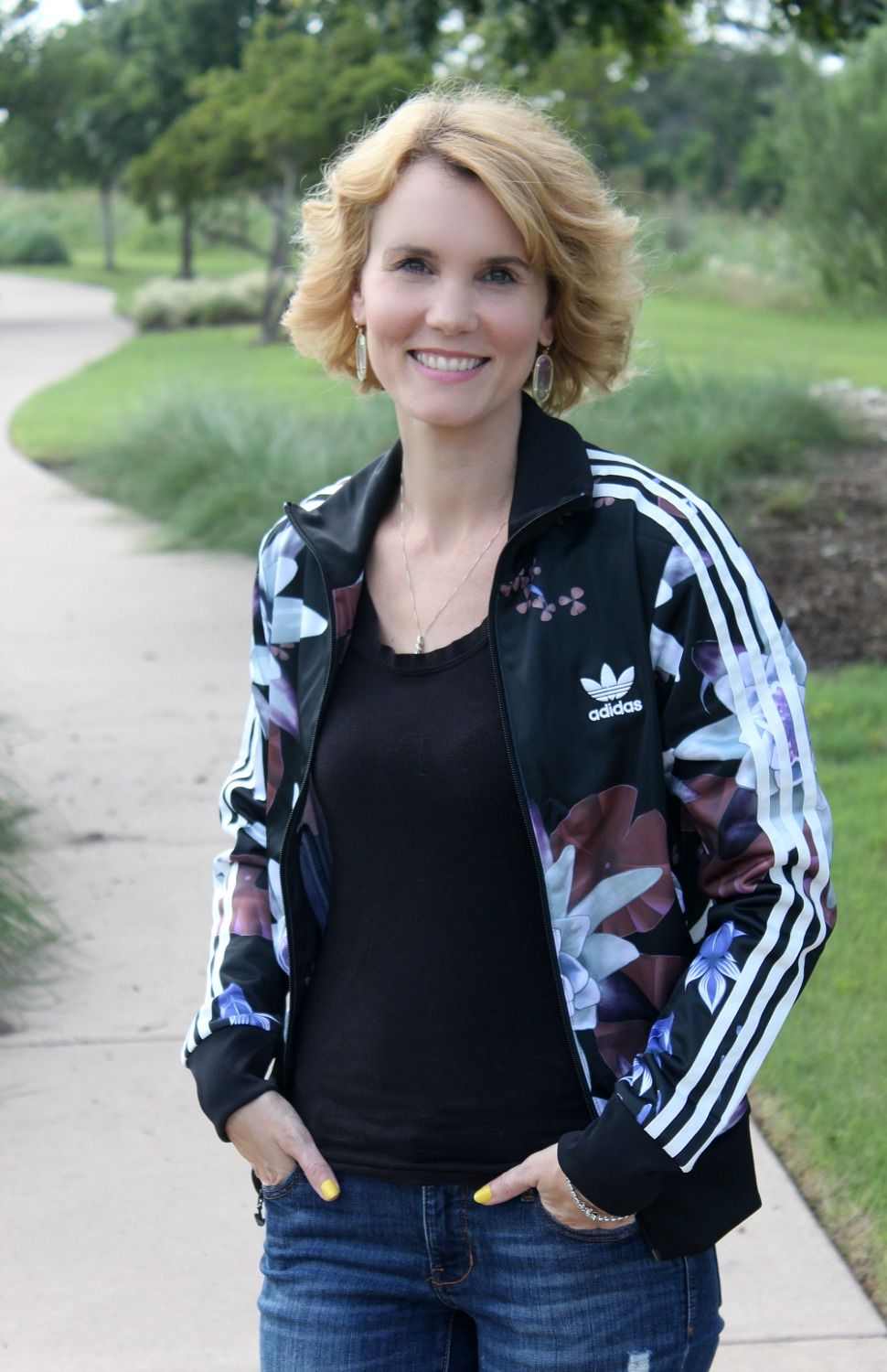Floral Print Track Jacket with Blue Jeans — Track Jacket Outfits