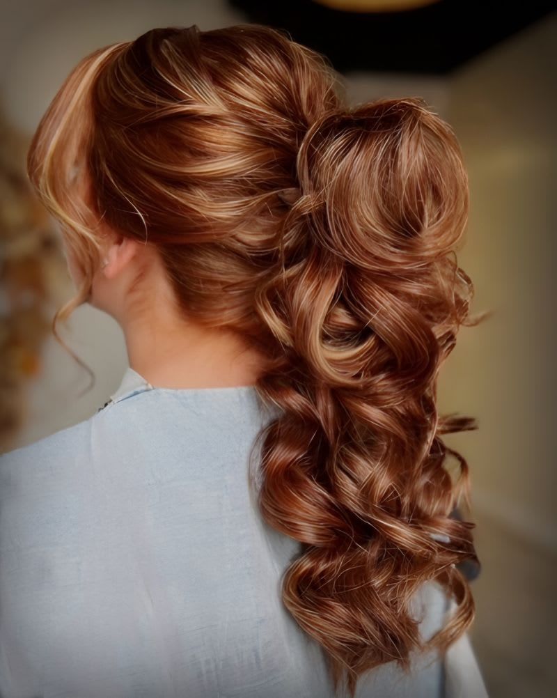 Rich Auburn High Ponytail With Soft Tendrils Rich Auburn High Ponytail With Soft Tendrils — Curly High Ponytail