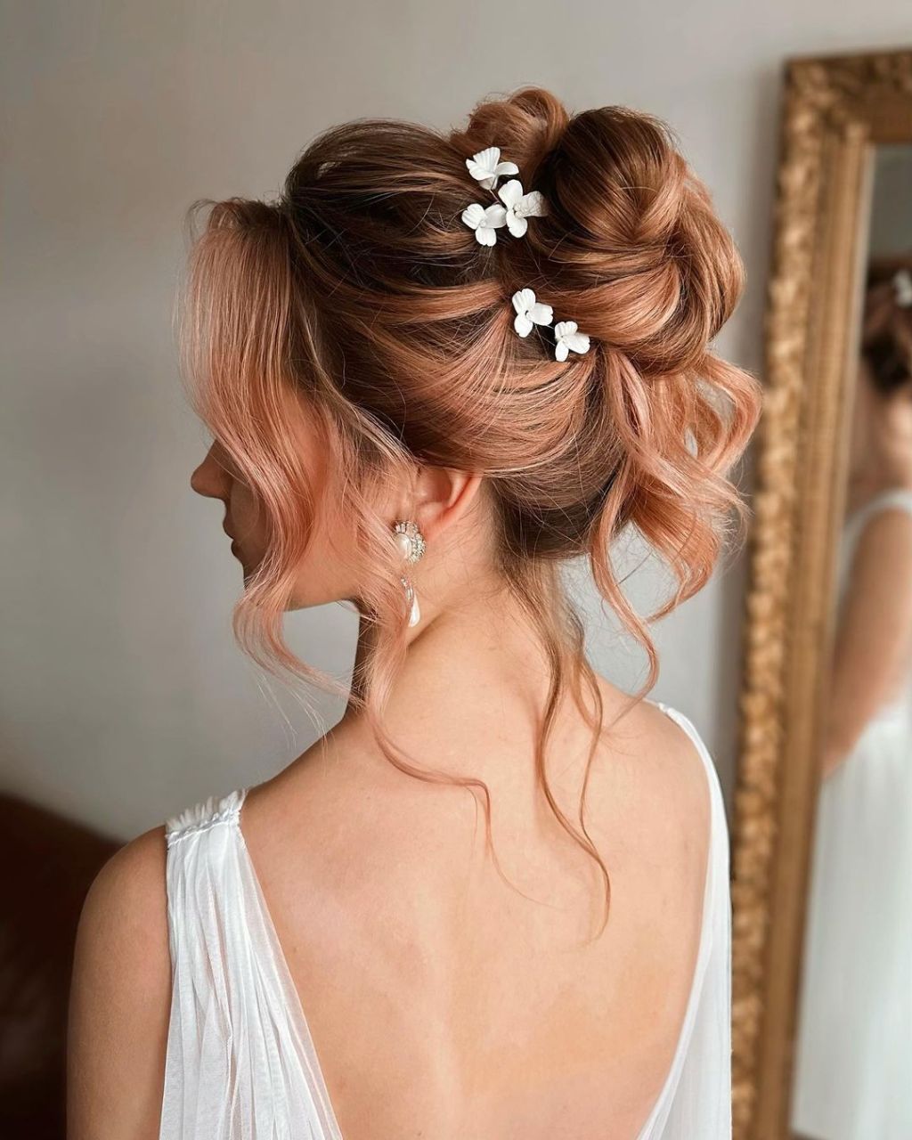 Rose Gold Updo with Side Swept Bangs Rose Gold Updo with Side Swept Bangs — Updos