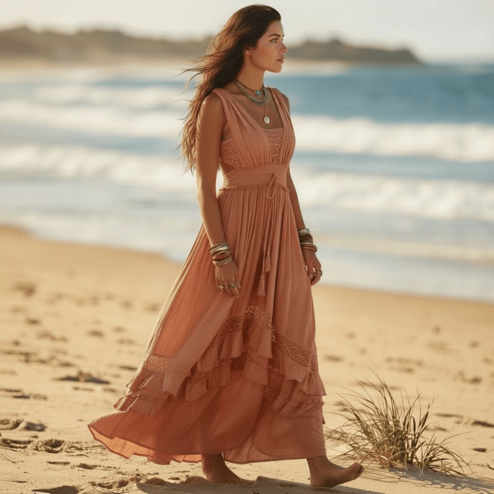 Peach Gauze Maxi Dress with Tiered Ruffles Peach Gauze Maxi Dress with Tiered Ruffles — Beach Dresses