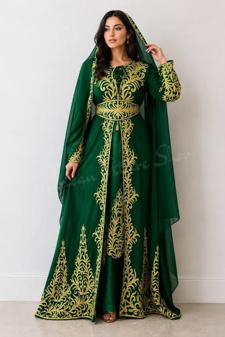 Emerald Green Kaftan with Opulent Gold Embroidery Emerald Green Kaftan with Opulent Gold Embroidery — Morocco Outfits
