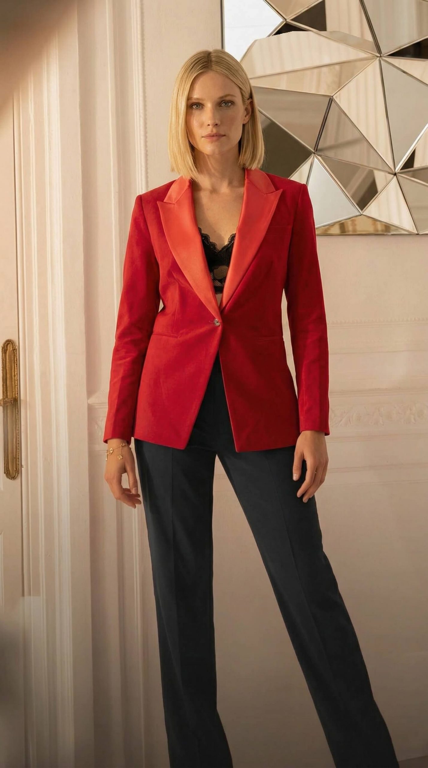Striking Red Blazer with Satin Lapels for Evening Glamour Blazers