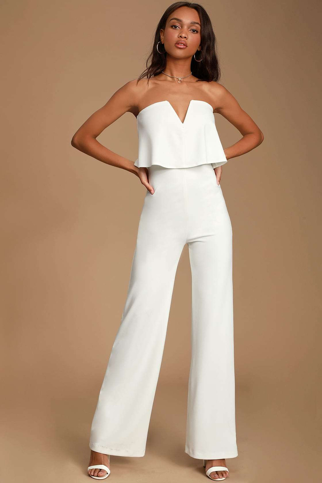 Chic White Crepe Jumpsuit with Wide Legs Chic White Crepe Jumpsuit with Wide Legs — Anniversary Dinner Outfits
