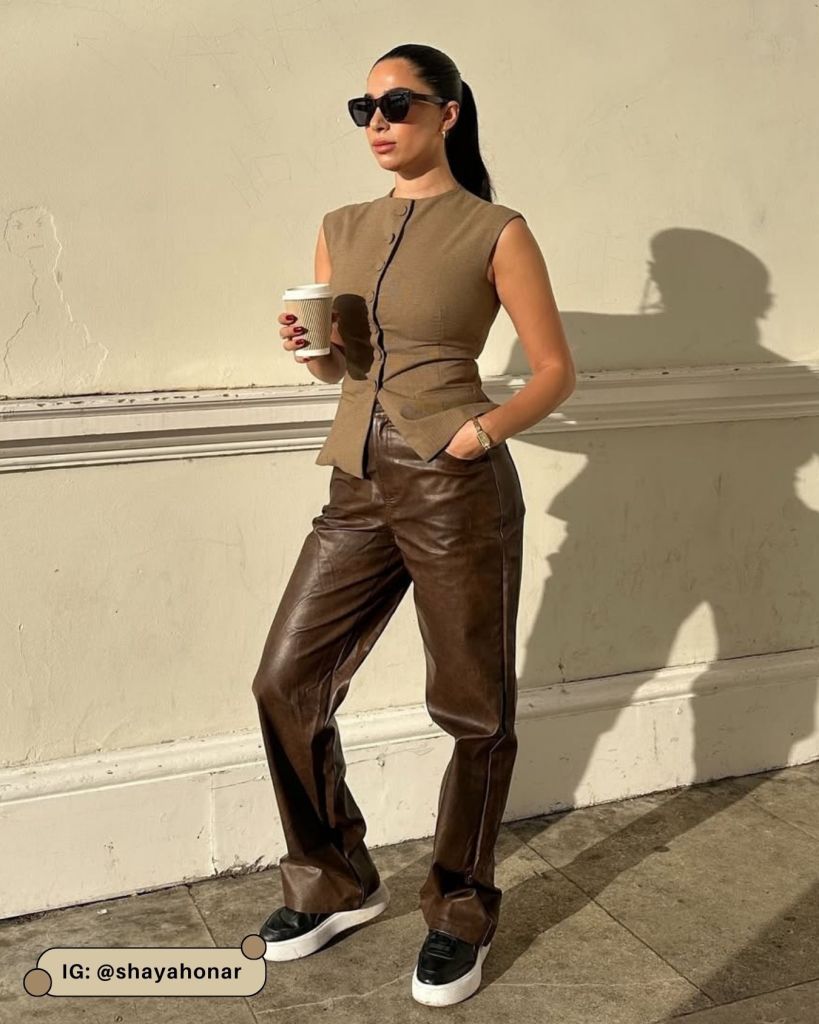 Brown Faux Leather Trousers and Vest for a Modern Coffee Date Brown Faux Leather Trousers and Vest for a Modern Coffee Date — Coffee Date Outfits