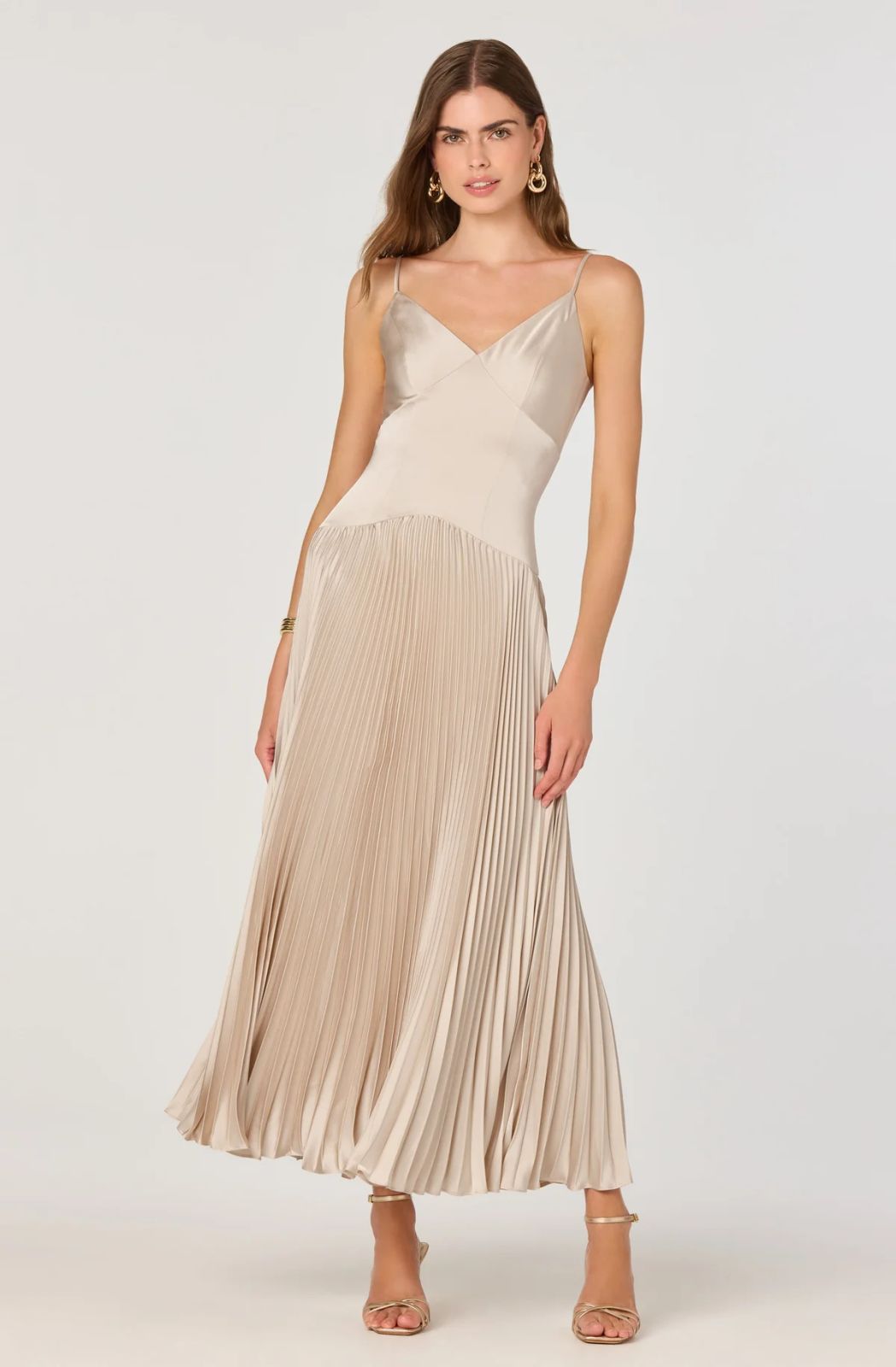 Champagne Satin Slip Dress with Pleated Skirt — Rehearsal Dinner Dresses