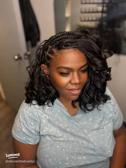 Shoulder-Length Black Braids with Face-Framing Curls Shoulder-Length Black Braids with Face-Framing Curls — French Curl Braids