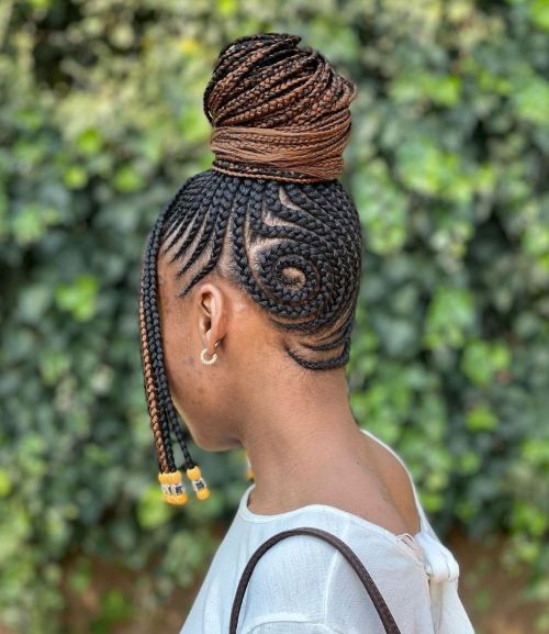 Ornate Braided Bun with Side Bangs and Two-Tone Color Ornate Braided Bun with Side Bangs and Two-Tone Color — Braided Updos for Black Hair