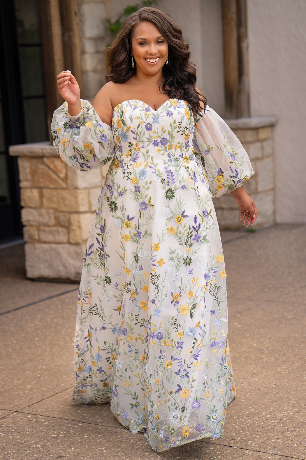 Ivory Off-the-Shoulder Gown with Floral Embroidery — Plus Size Dresses