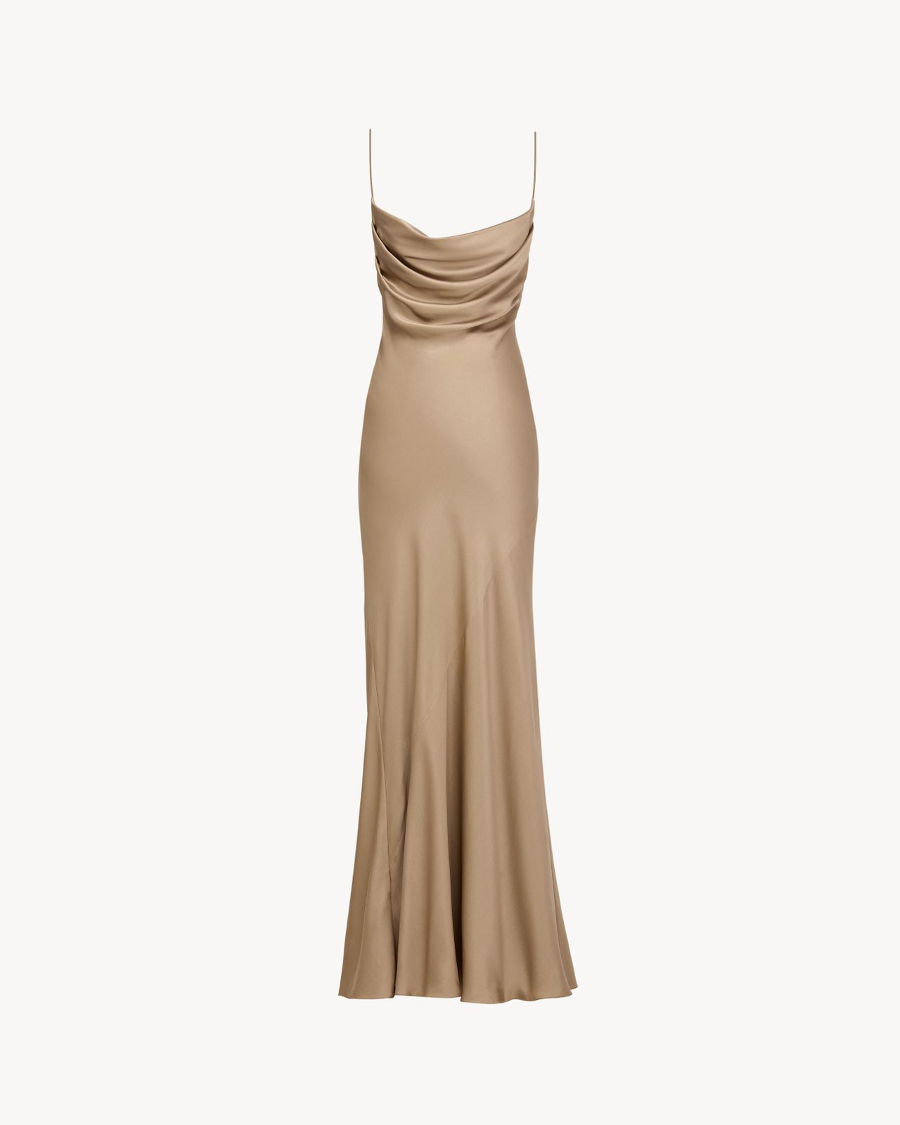 Beige Silk Satin Slip Dress with Draped Cowl Neck — Satin Dresses