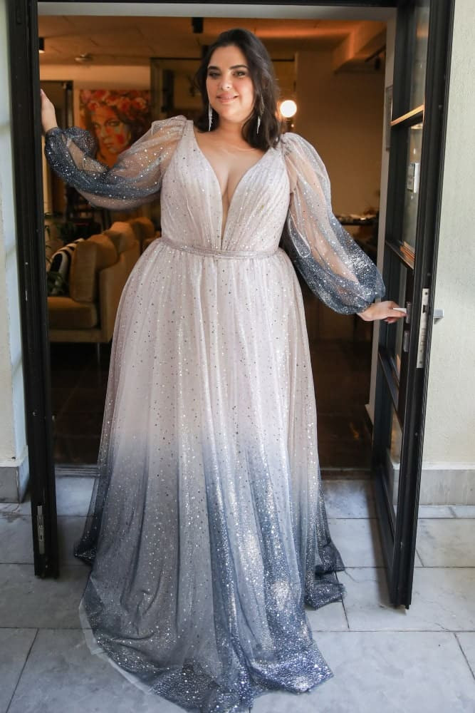 Glitter Ombre A-Line Gown with Dramatic Sleeves — Dresses for Big Arms