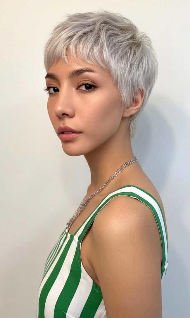 Icy Platinum Pixie With Piecey Bangs Icy Platinum Pixie With Piecey Bangs — Haircuts for Fine Hair