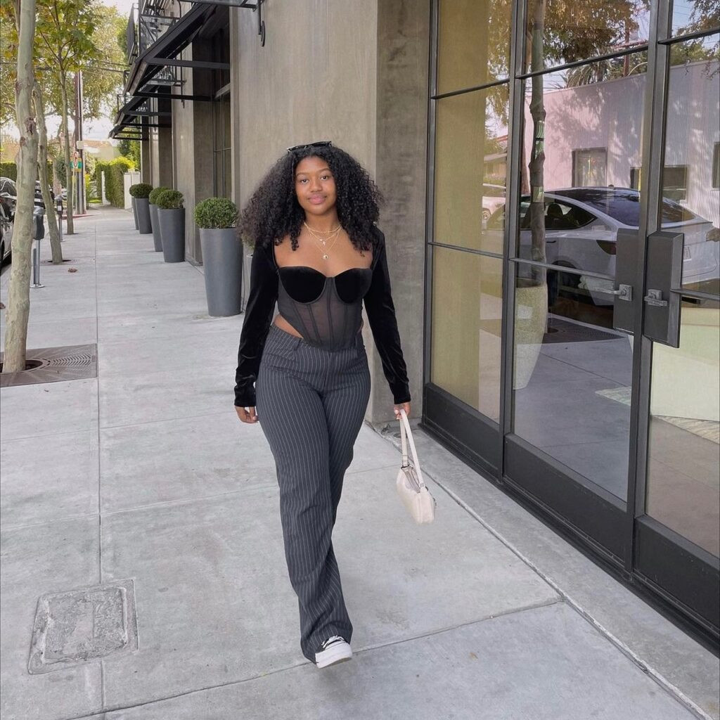 Unexpected Edge: Grey Pinstripe Pants with a Velvet Corset Top — Pinstripe Pants Outfits