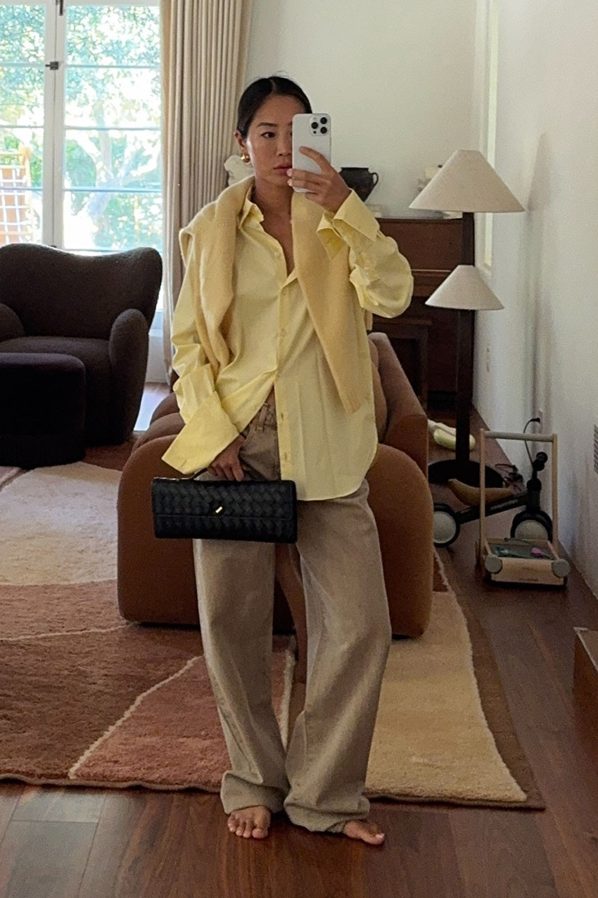 Casual Yellow Ensemble with a Quilted Black Clutch — Clutch Outfits