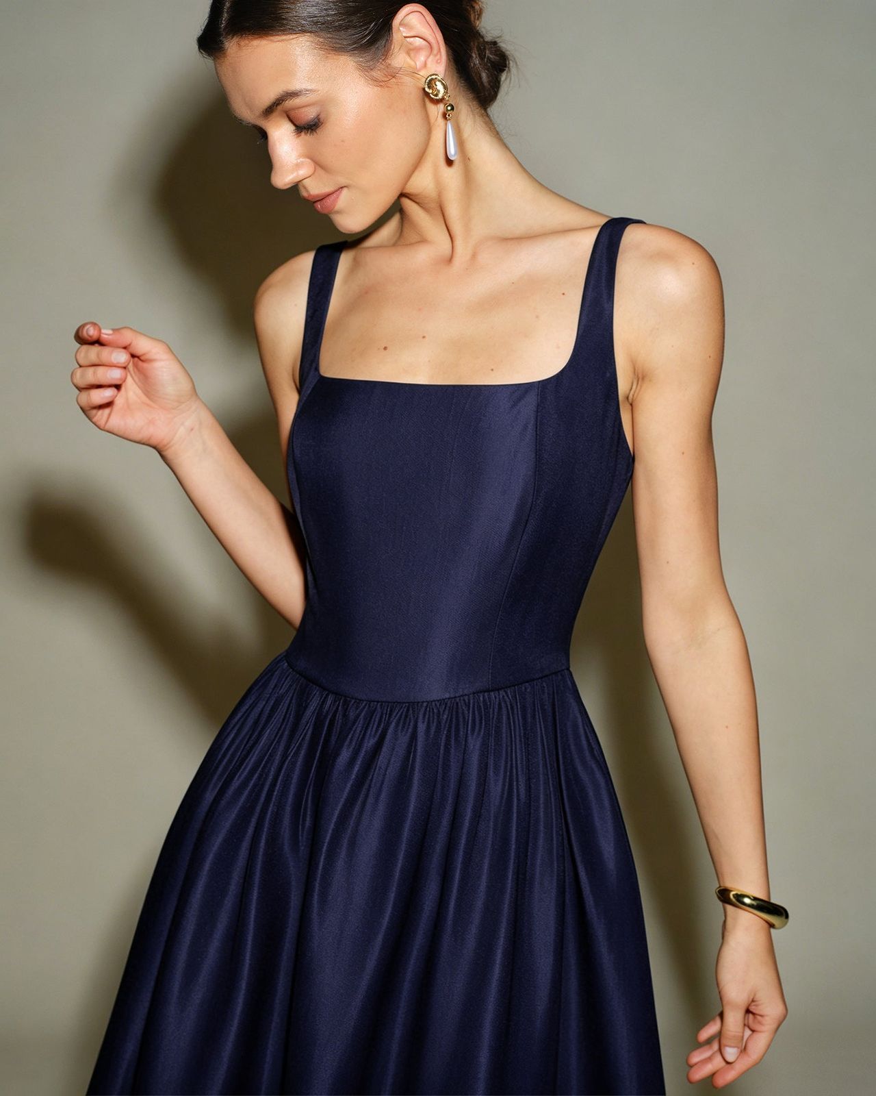 Navy Blue Fit-and-Flare Midi Dress: Neckline Focus — Date Party Dresses