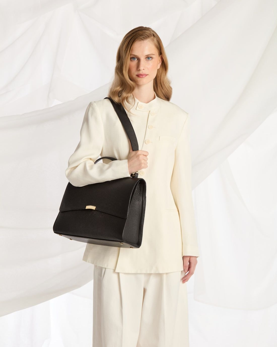 Black Textured Satchel with Cream Suiting Black Textured Satchel with Cream Suiting — Work Bags for Women