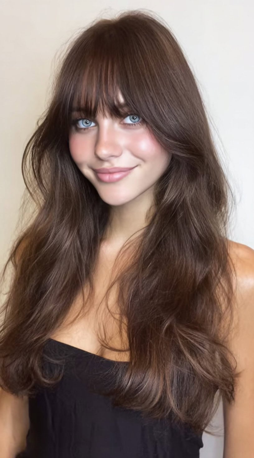 Black Strapless Top with Long Wavy Hair — Bottleneck Bangs