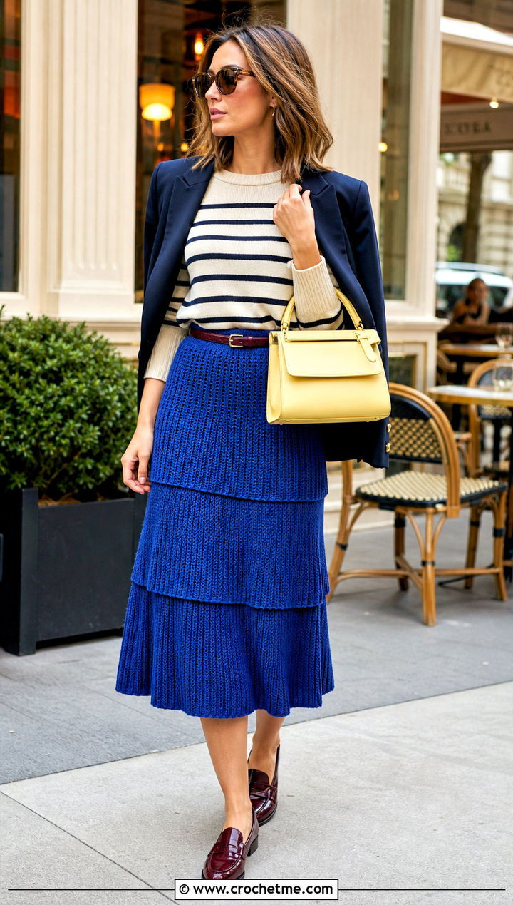 Blue Tiered Midi Skirt with Navy Blazer and Bright Bag Blue Tiered Midi Skirt with Navy Blazer and Bright Bag — Tiered Skirt Outfits