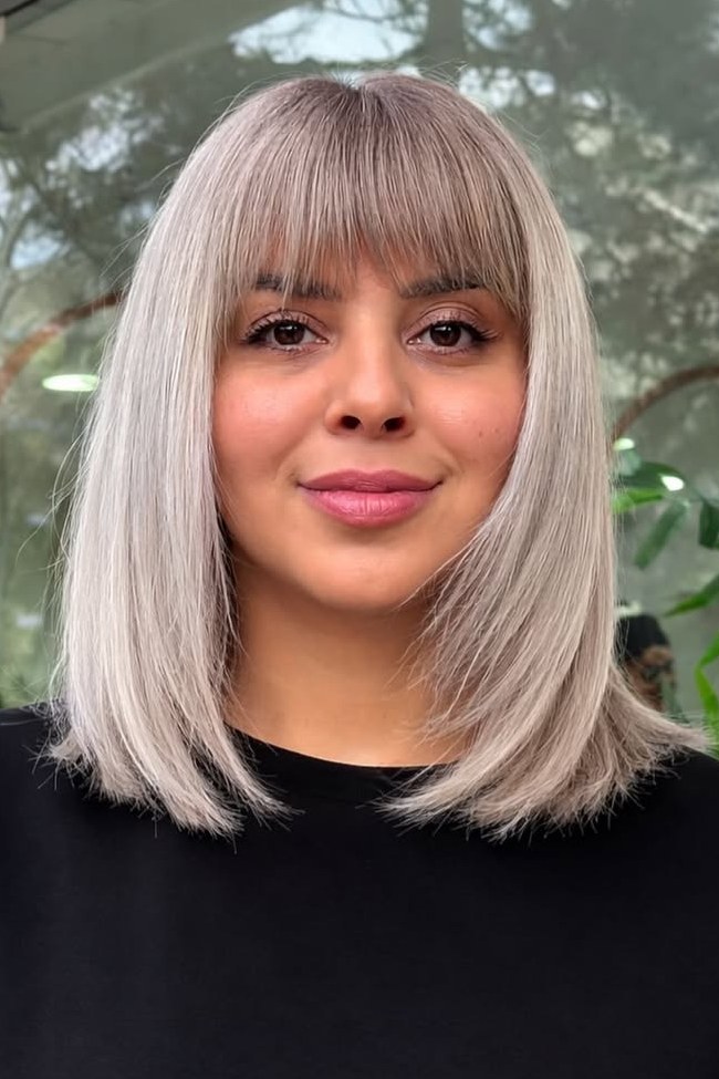 Silver Blonde Blunt Bob With Full Fringe — Medium Hair with Bangs