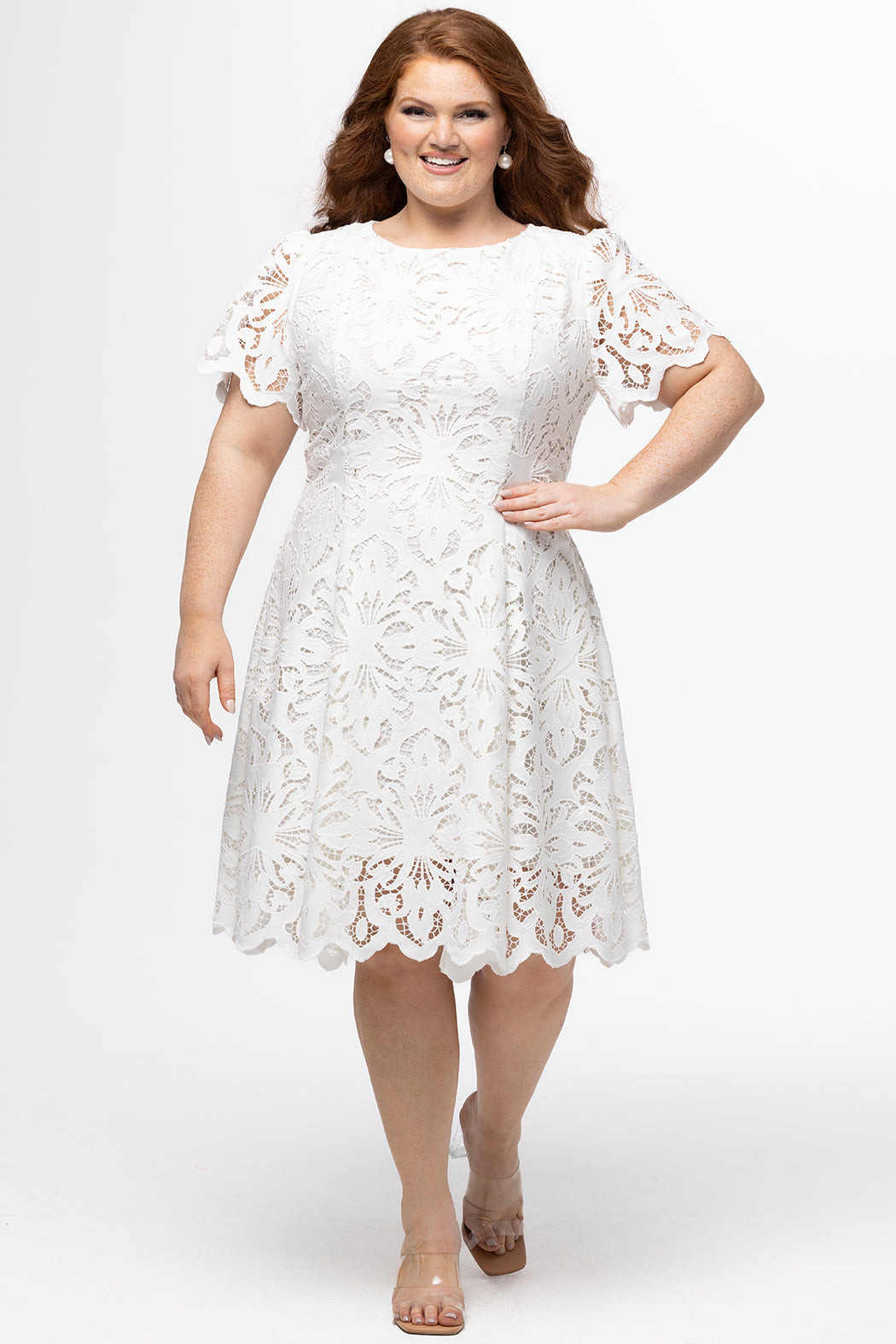 White Short Sleeve Lace Fit and Flare Dress — Engagement Party Dresses