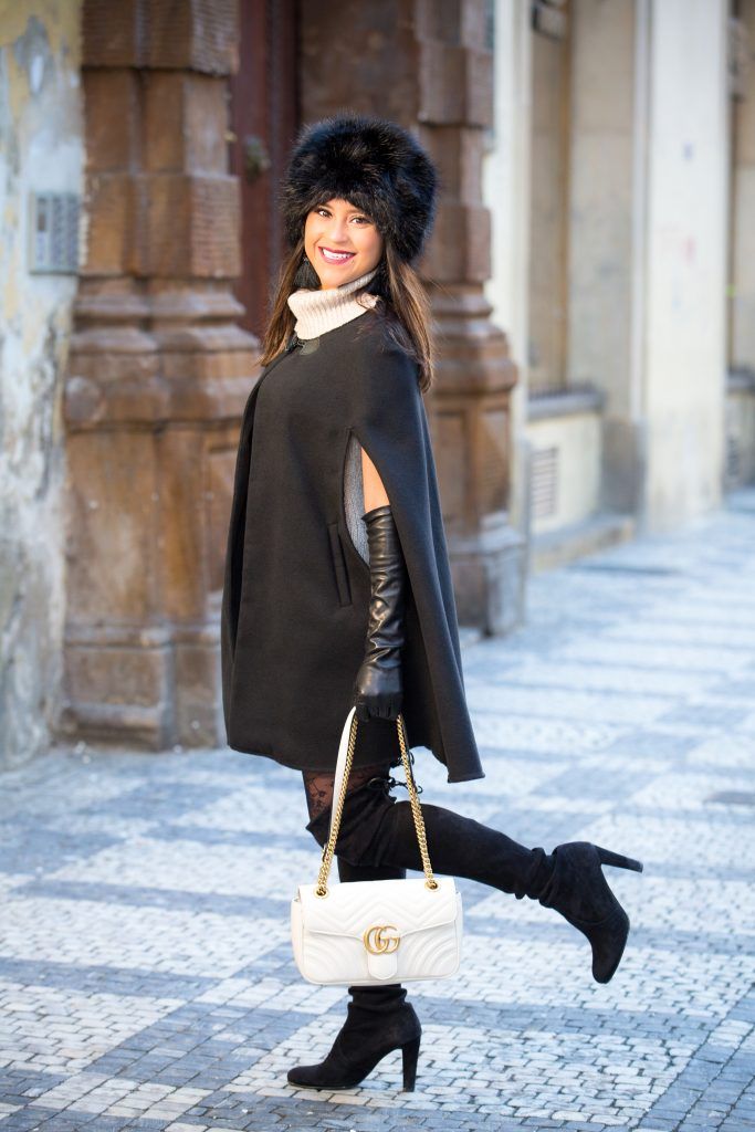 Wool Cape Knit Dress Leather Gloves Black Cape and Grey Sweater Dress with Fur Hat — Prague Outfits