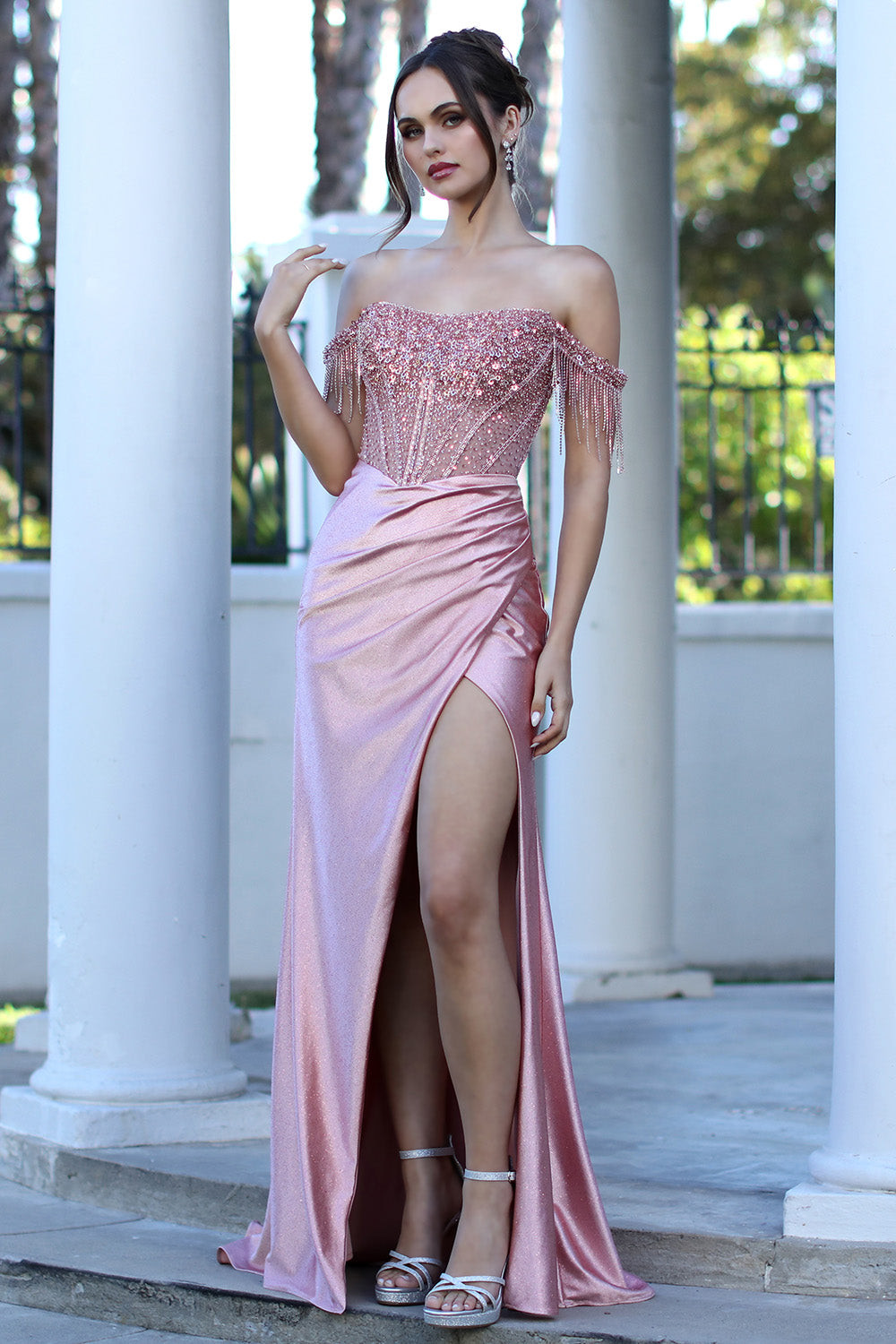 Rose Gold Off-Shoulder Sequin Dress with Fringe Rose Gold Off-Shoulder Sequin Dress with Fringe — Sequin Dresses