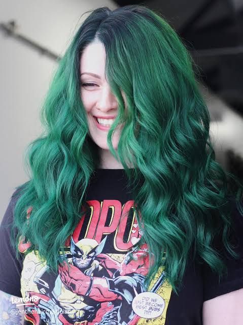 Long Layers Vibrant Saturated Green Waves Long Layers Vibrant Saturated Green Waves — Olive Green Hair