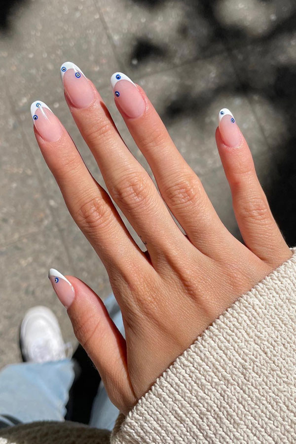 Small Evil Eye Motifs On French Tips Visual Idea Small Evil Eye Motifs On French Tips Visual Idea — Evil Eye Nails