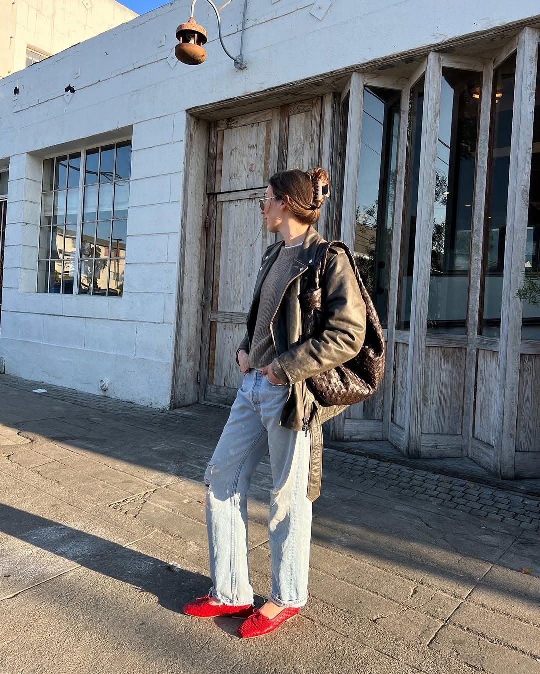 Red Woven Mesh Flats with Knit Sweater and Leather Jacket Red Woven Mesh Flats with Knit Sweater and Leather Jacket — Mesh Ballet Flats Outfits