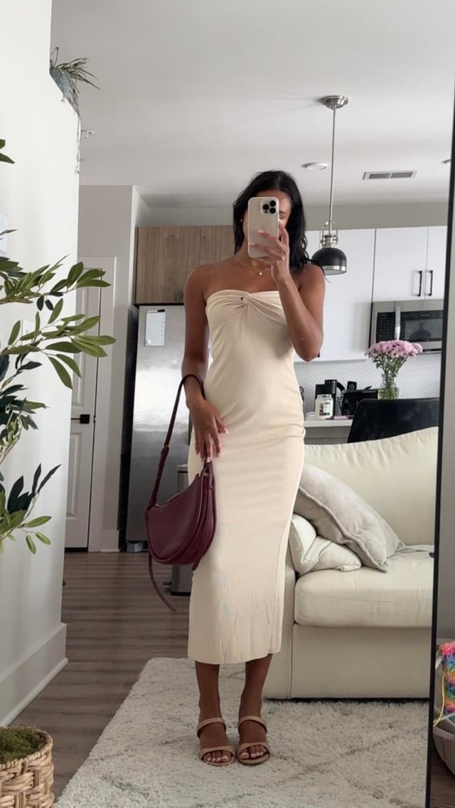Cream Ribbed Knit Strapless Midi Dress for Birthday Dinner — 30th Birthday Outfits