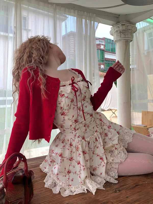 Floral Slip Dress with Red Cardigan and Lace Trim — Angelcore Outfits